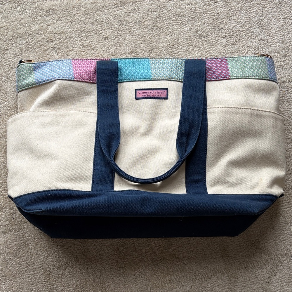 Vineyard Vines Cream Canvas Tote with Navy Accents and Pastel Trim